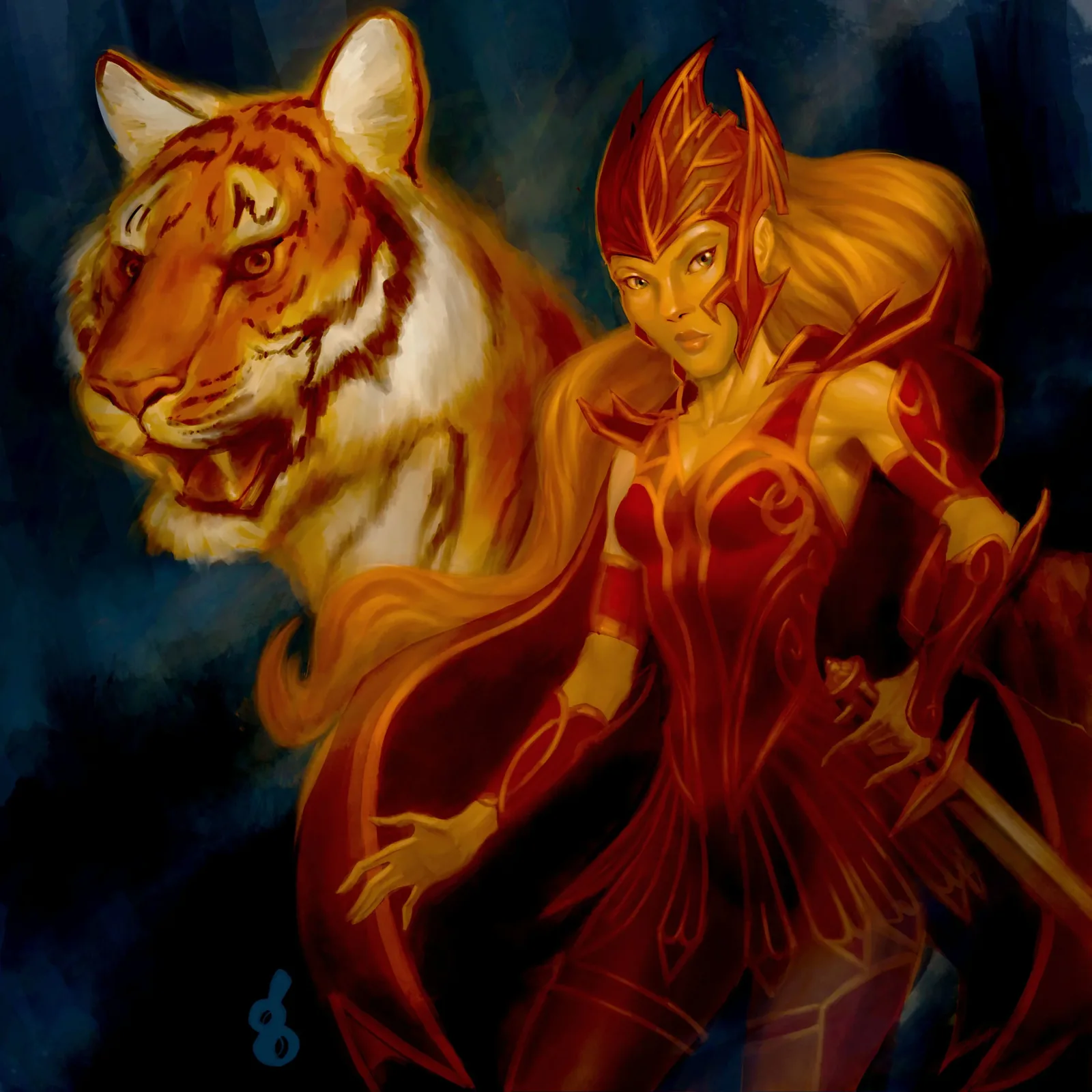 Painting by Gabriel Valles: Fiery armored warrior beside a glowing tiger