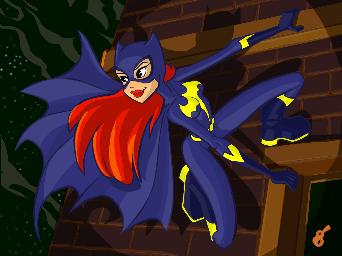 Painting by Gabriel Valles: Comic-style superhero leaping across a brick rooftop