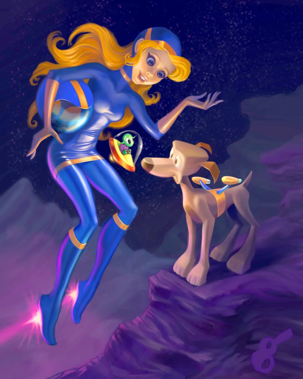 Painting by Gabriel Valles: Retro space heroine with a rocket-pack dog and a tiny alien