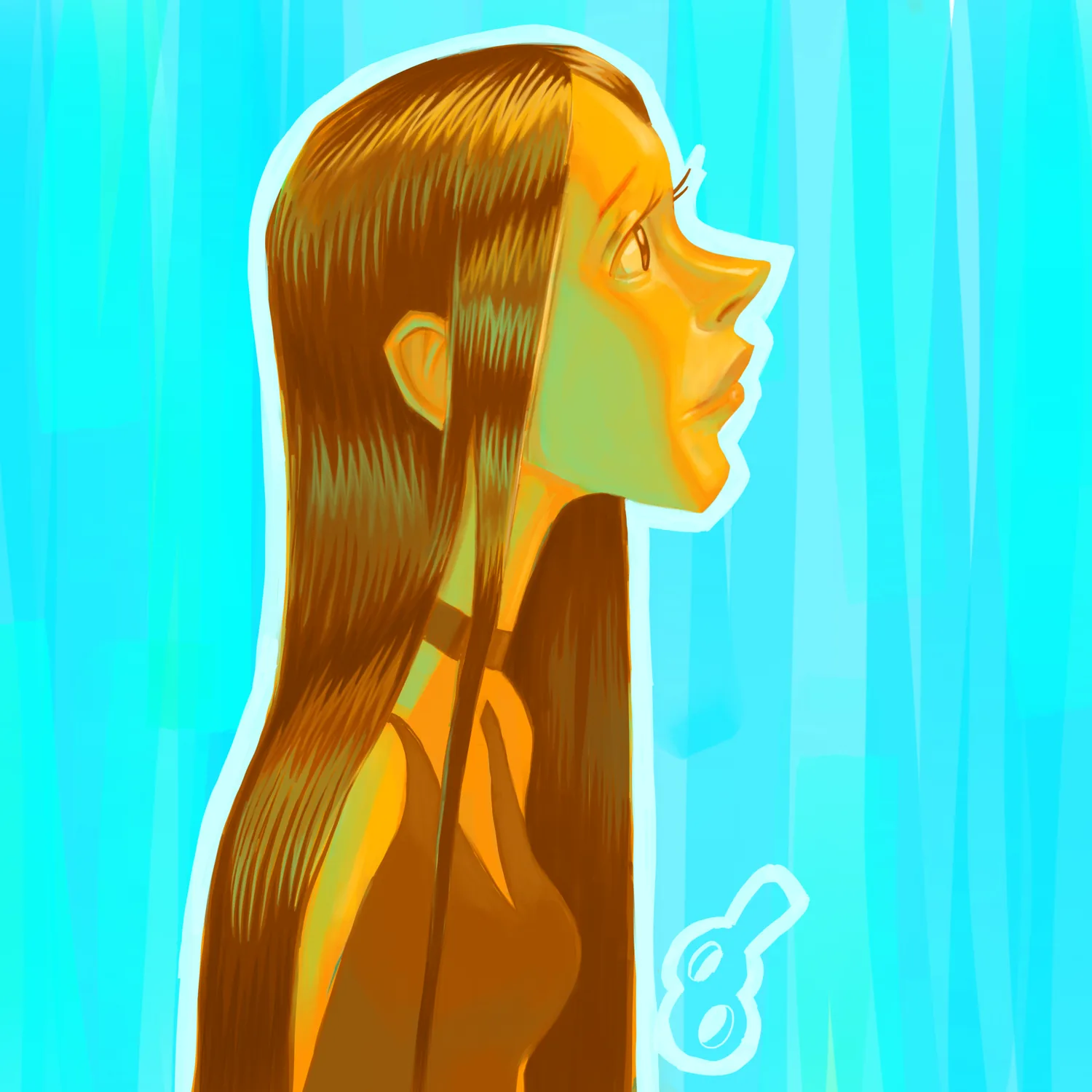 Painting by Gabriel Valles: Stylized profile portrait on a bright cyan background